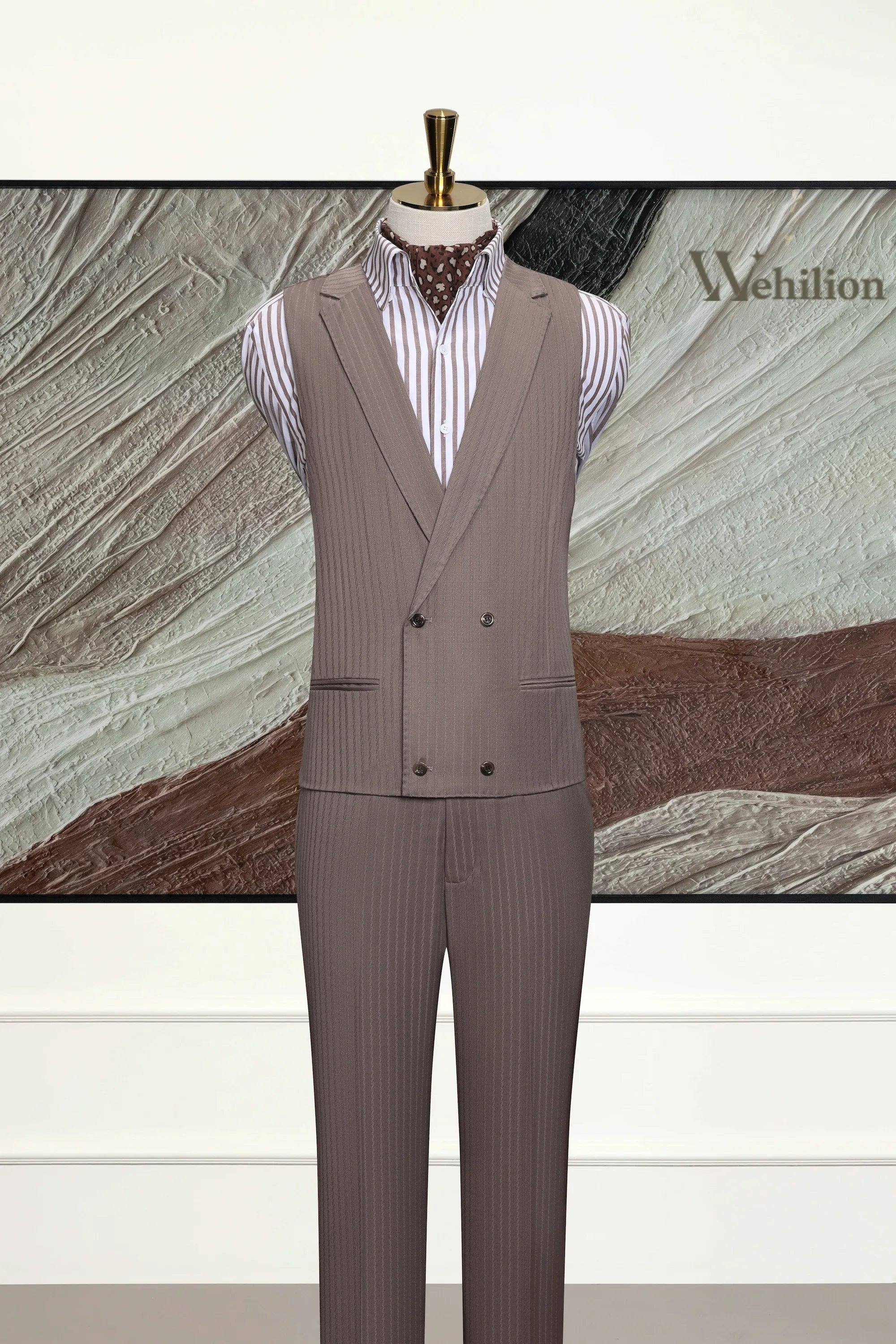 Men's Light Brown Stripe Wool Blend 3 Piece Suits