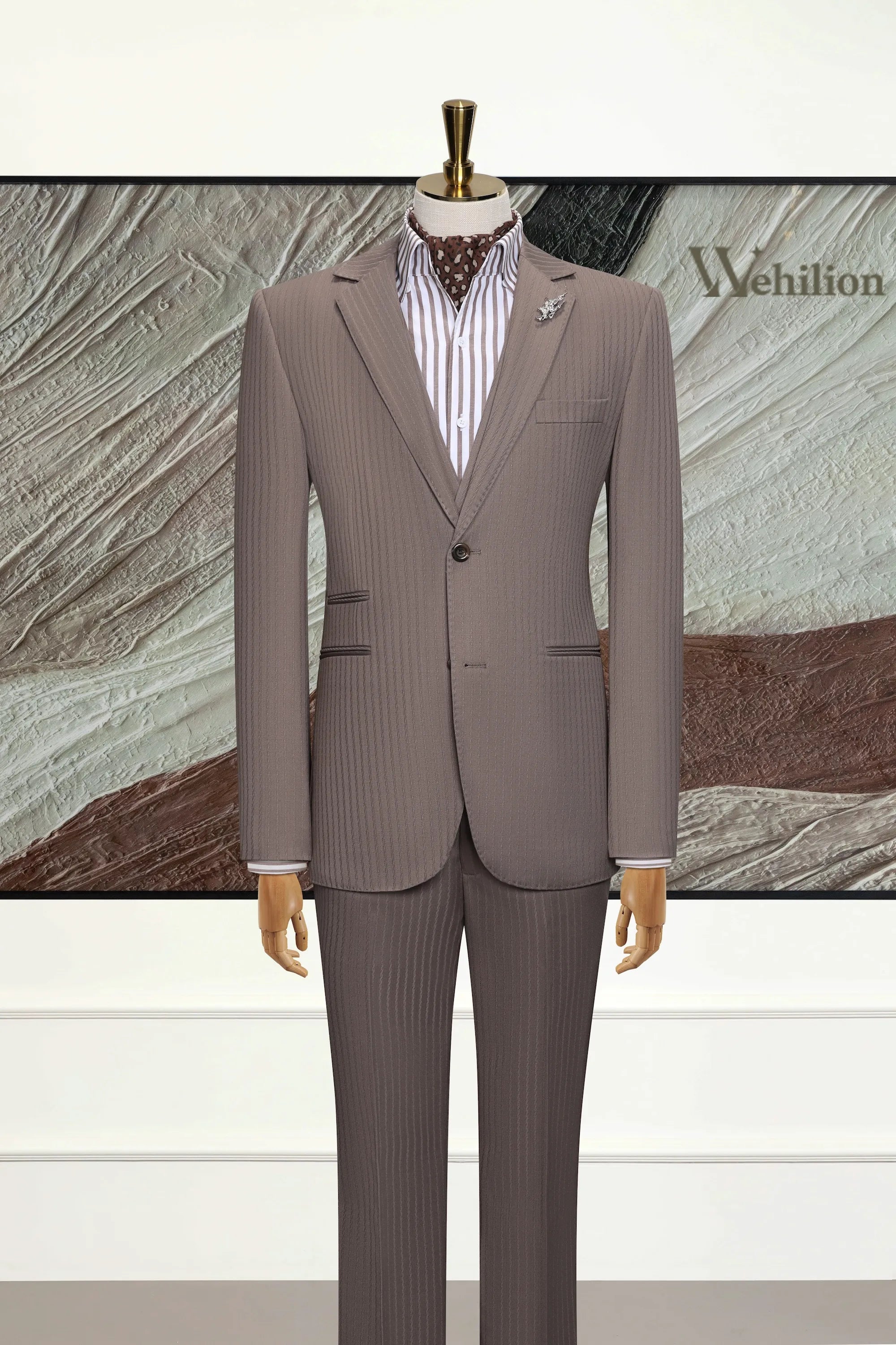 Men's Light Brown Stripe Wool Blend 3 Piece Suits