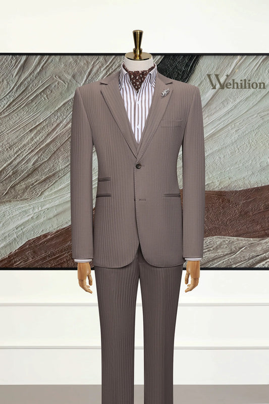 Men's Light Brown Stripe Wool Blend 3 Piece Suits