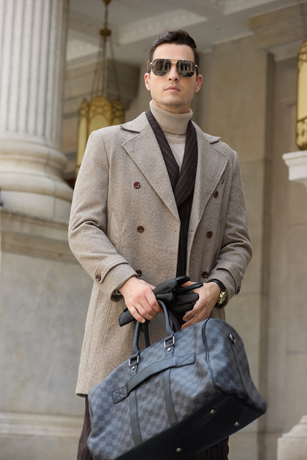 Double-breasted light coffee wool coat – front view with stylish layering