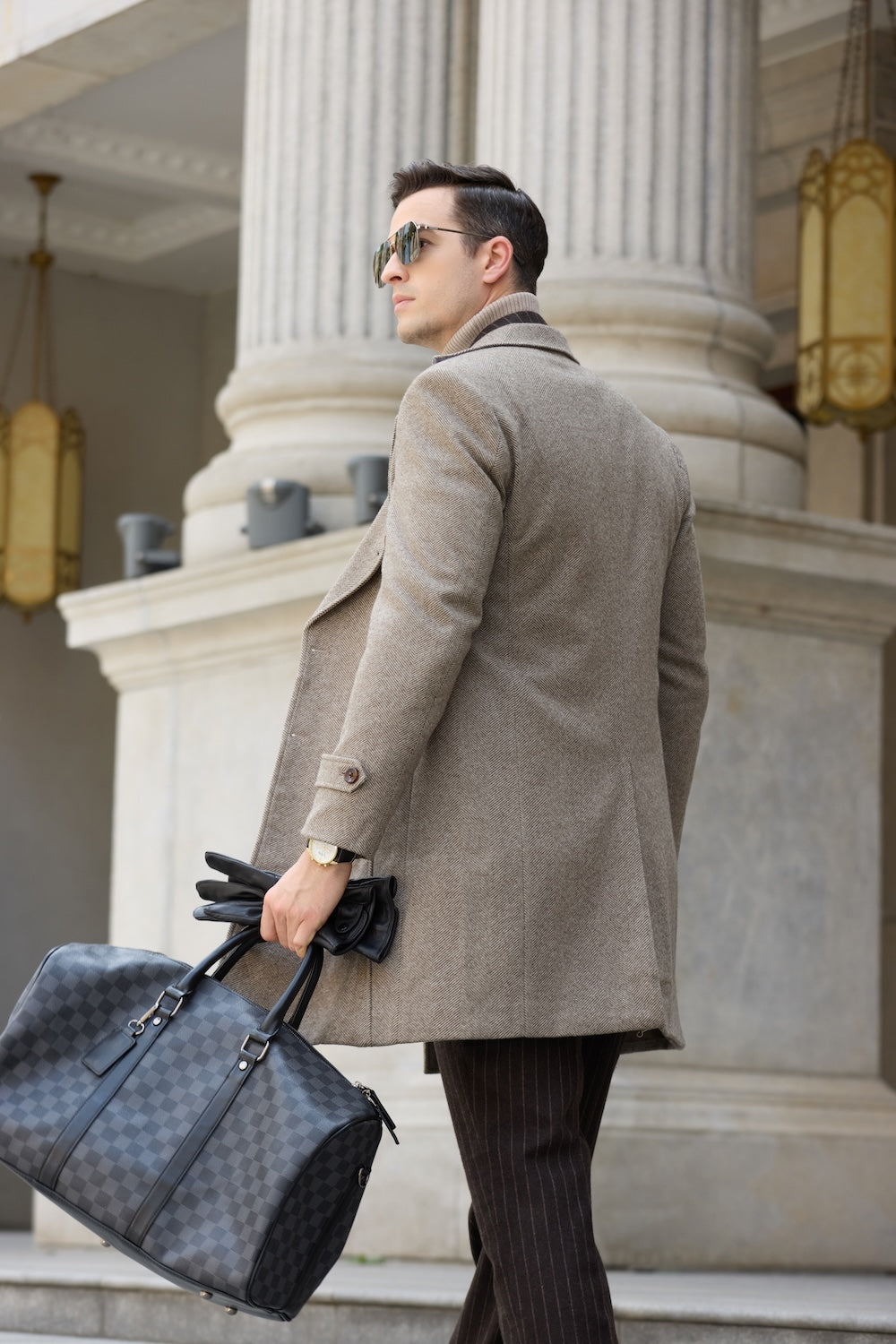 Back view of men’s light coffee wool coat – urban outdoor style
