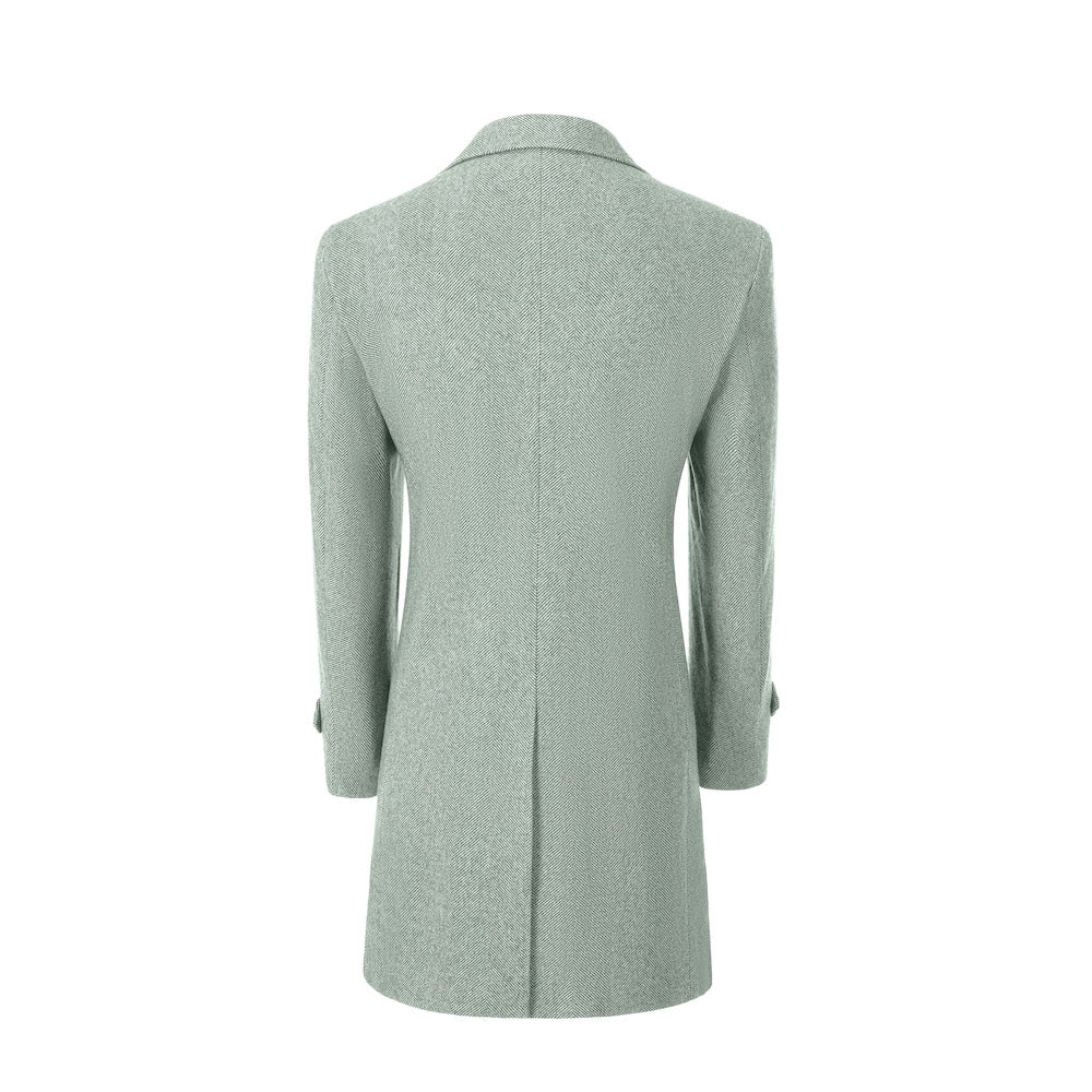 Light green back view of long coat for men – tailored winter style