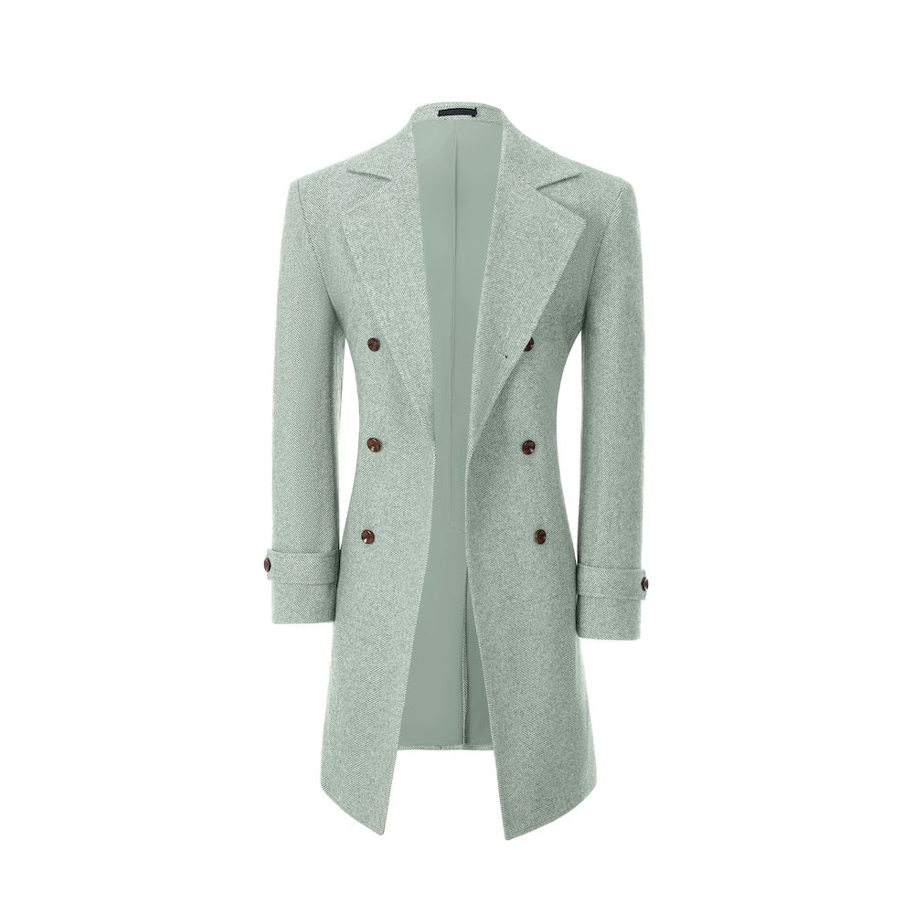 Light green winter overcoat for men – open front wool design