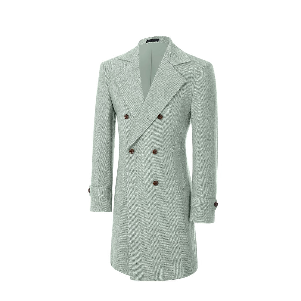 Light green double-breasted outdoor coat for men – angled side view