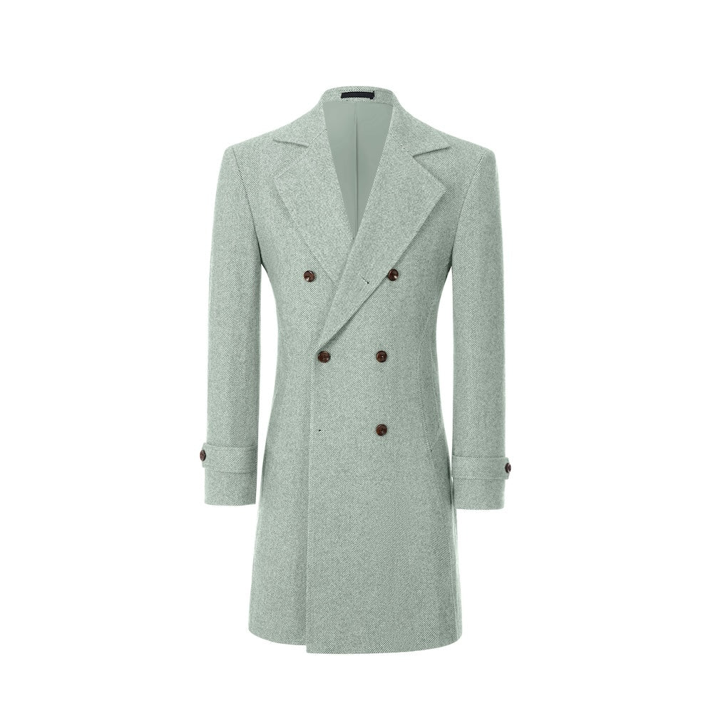 Light green long winter coat for men – double-breasted front view