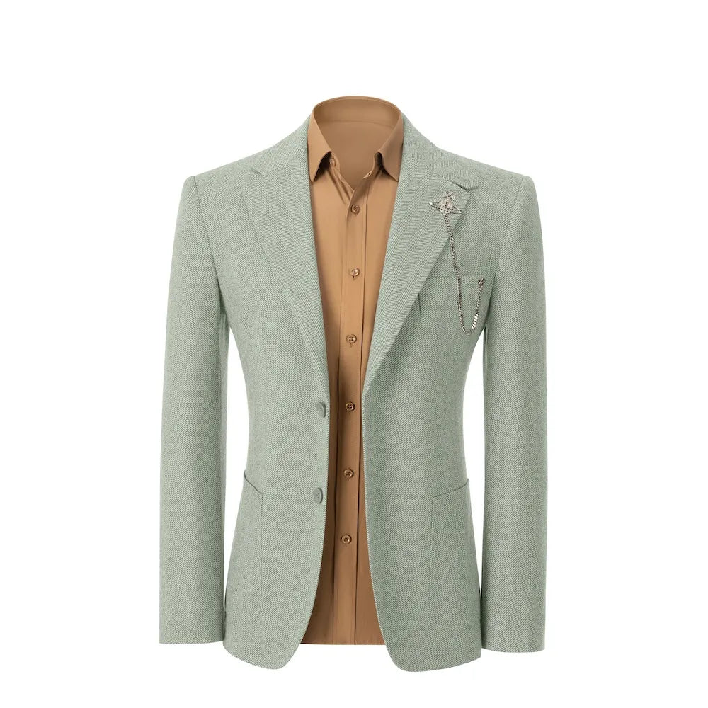front view of light green herringbone wool 2 piece suit blazer – showcasing classic business winter fit with tailored details