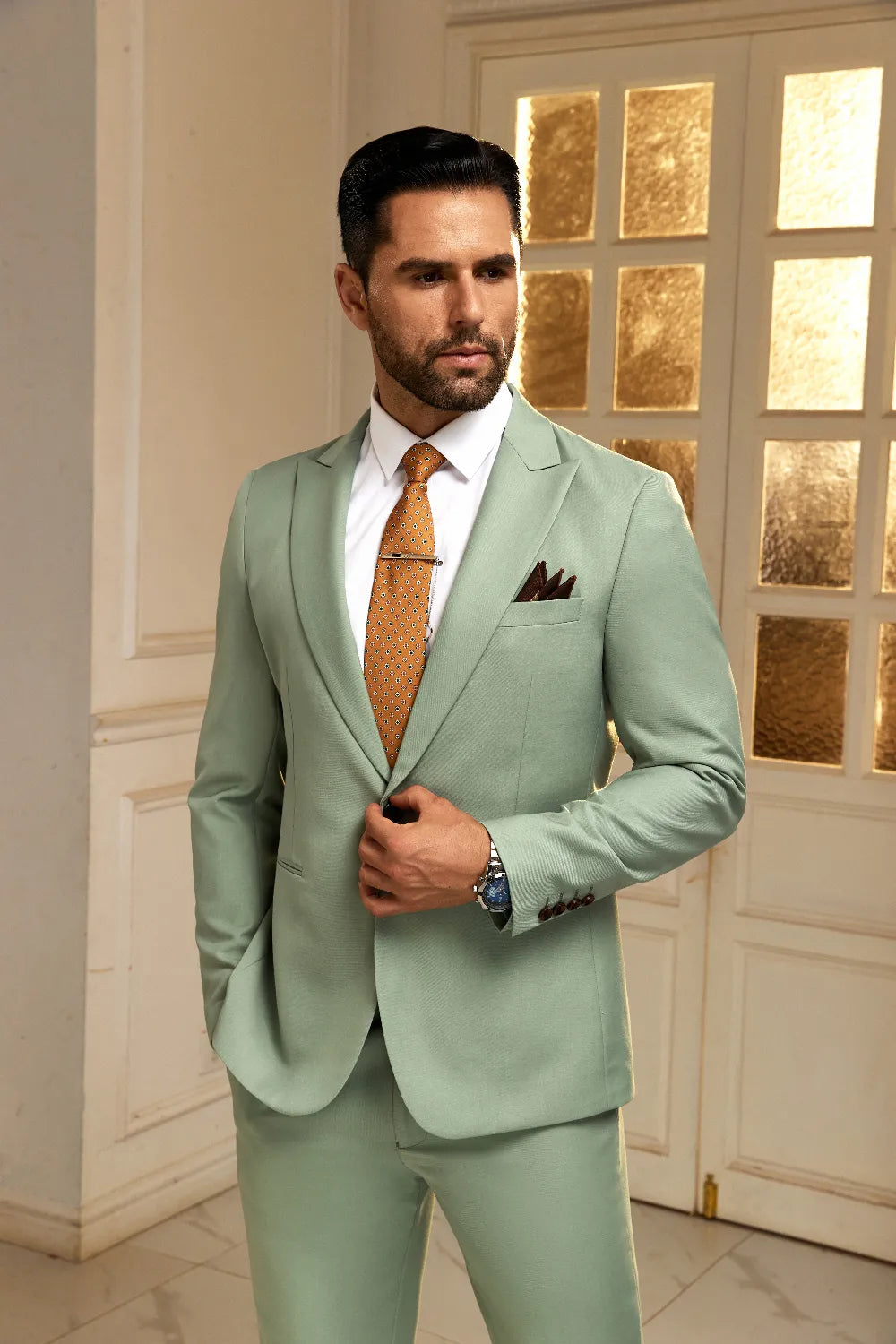 Men's Light Green Peak Lapel 2 Pieces Suits
