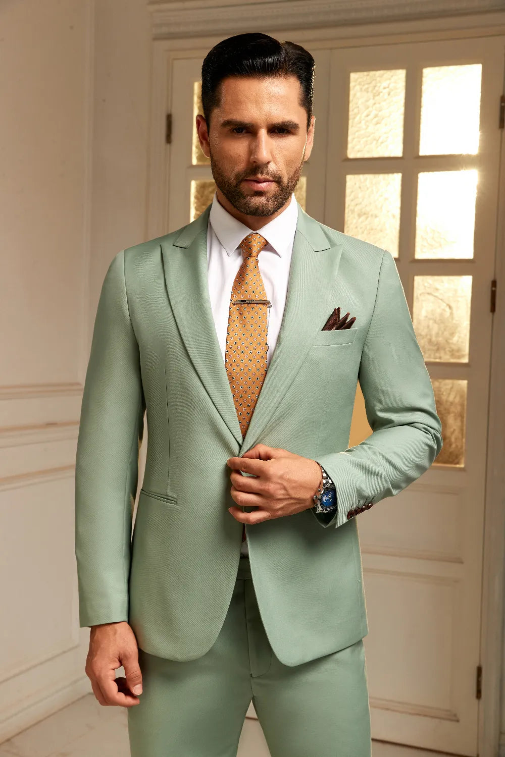 Men's Light Green Peak Lapel 2 Pieces Suits
