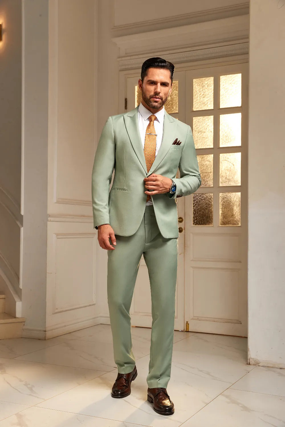 Men's Light Green Peak Lapel 2 Pieces Suits