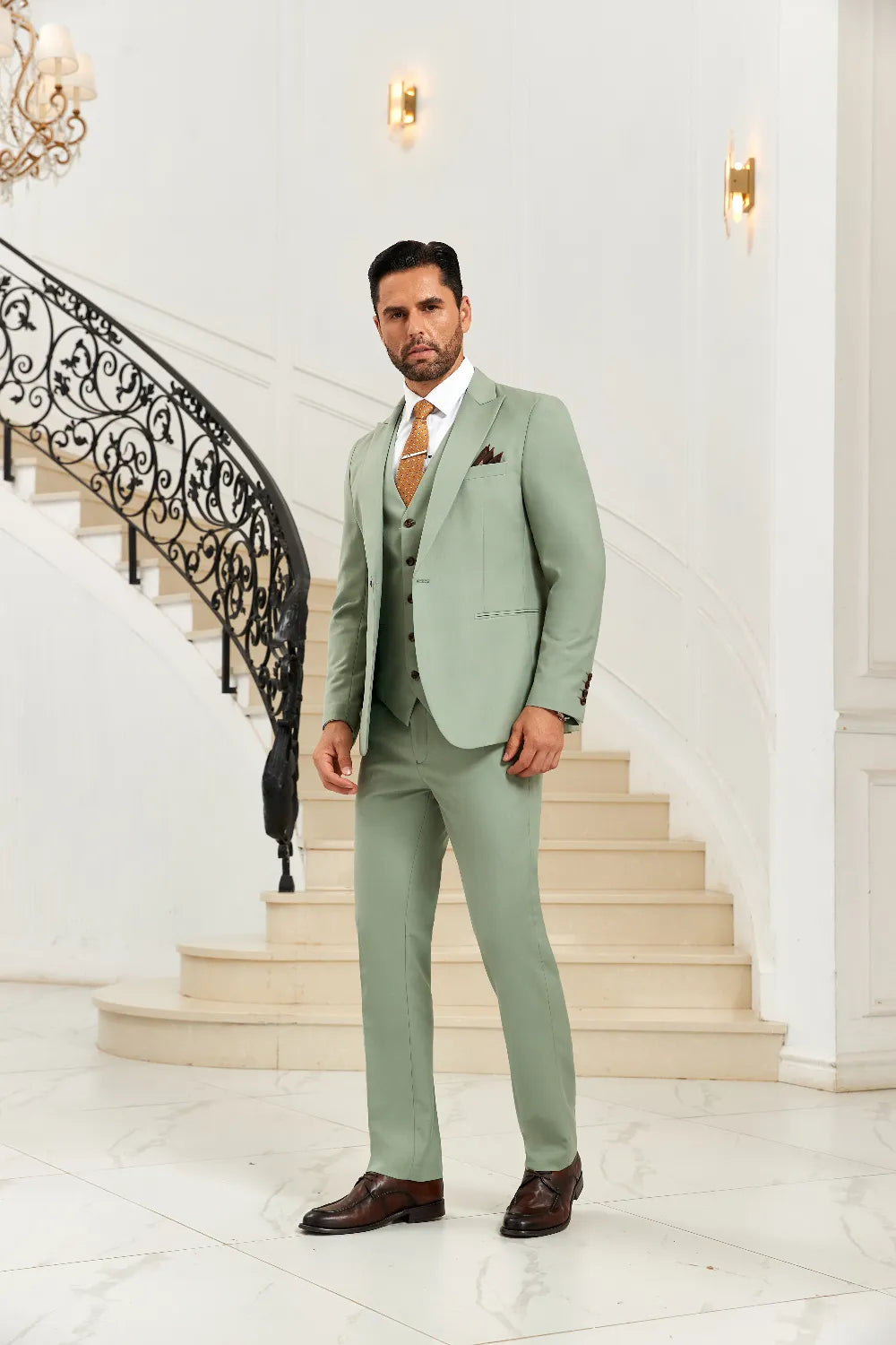 Men's Light Green Peak Lapel 3 Pieces Suits