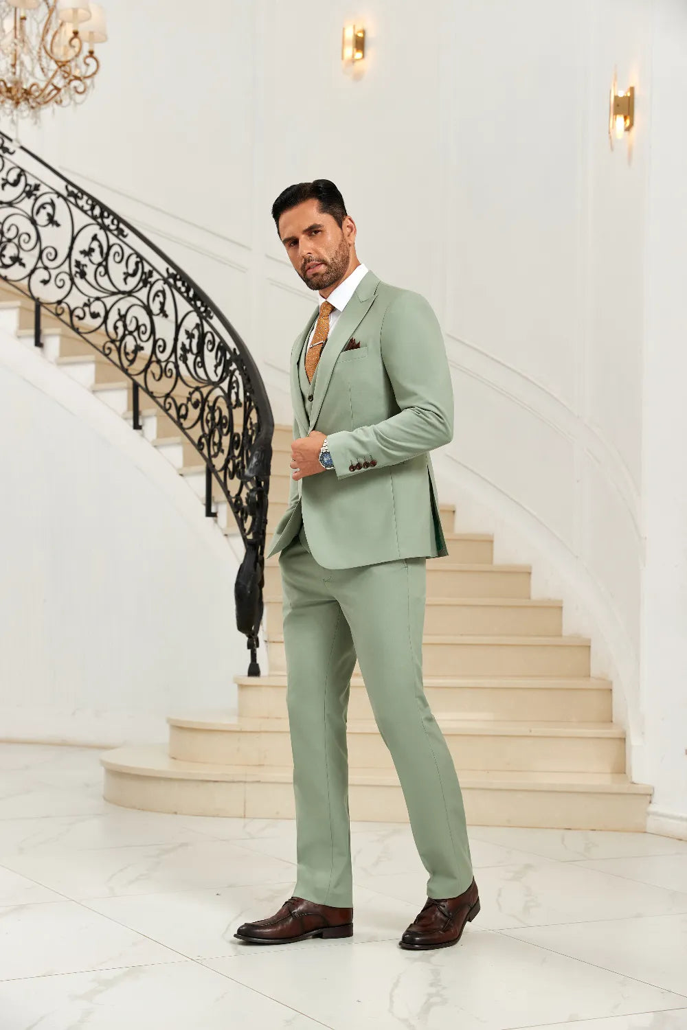 Men's Light Green Peak Lapel 3 Pieces Suits
