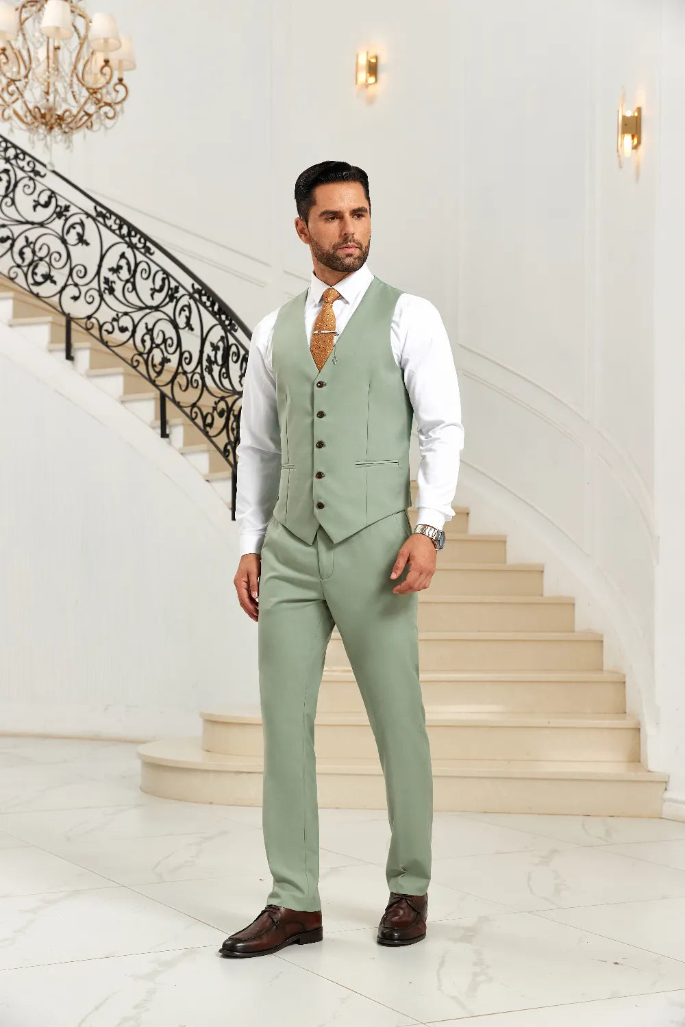 Men's Light Green Vest & Pants 2 Pieces Suits