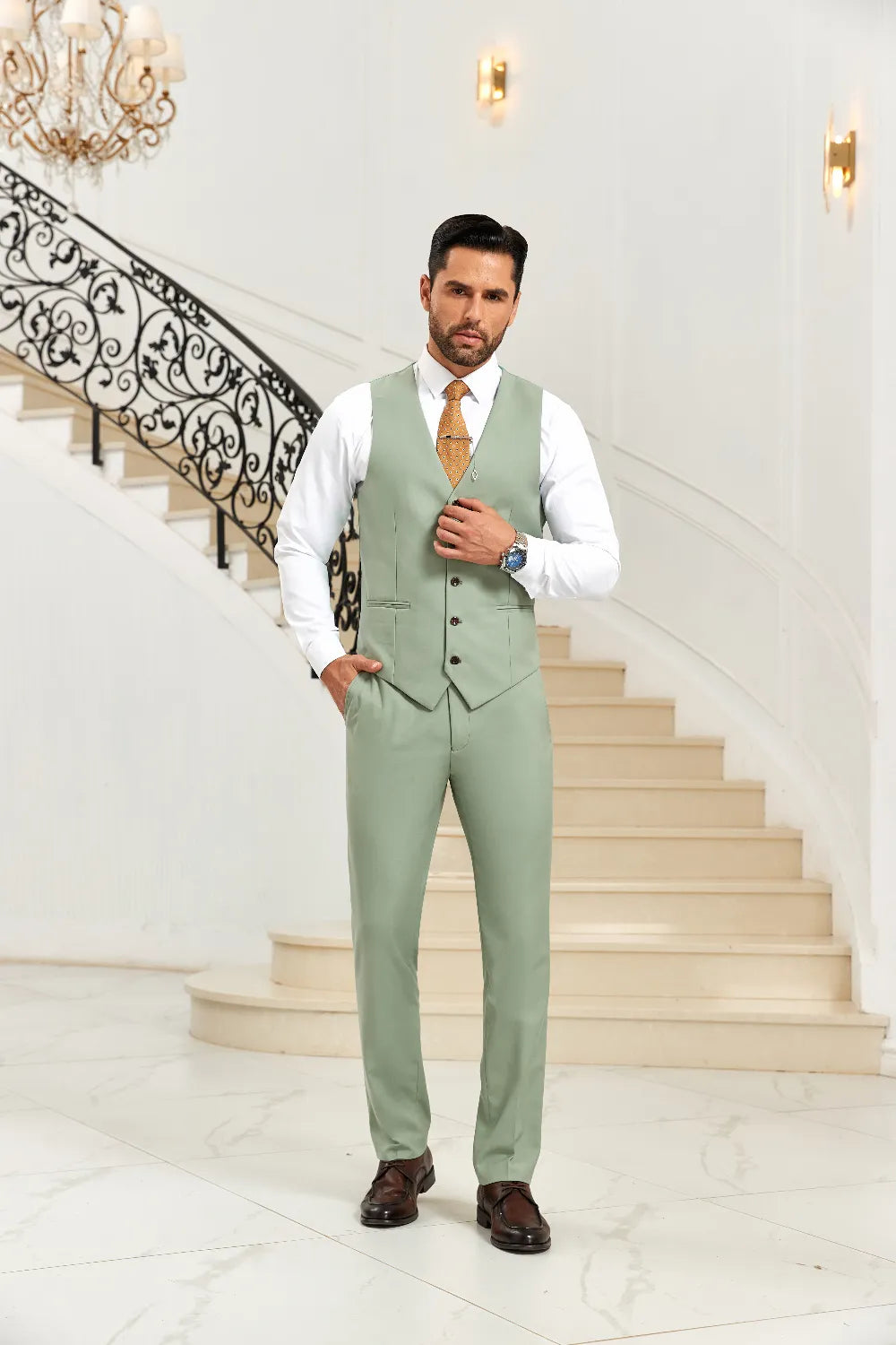 Men's Light Green Vest & Pants 2 Pieces Suits