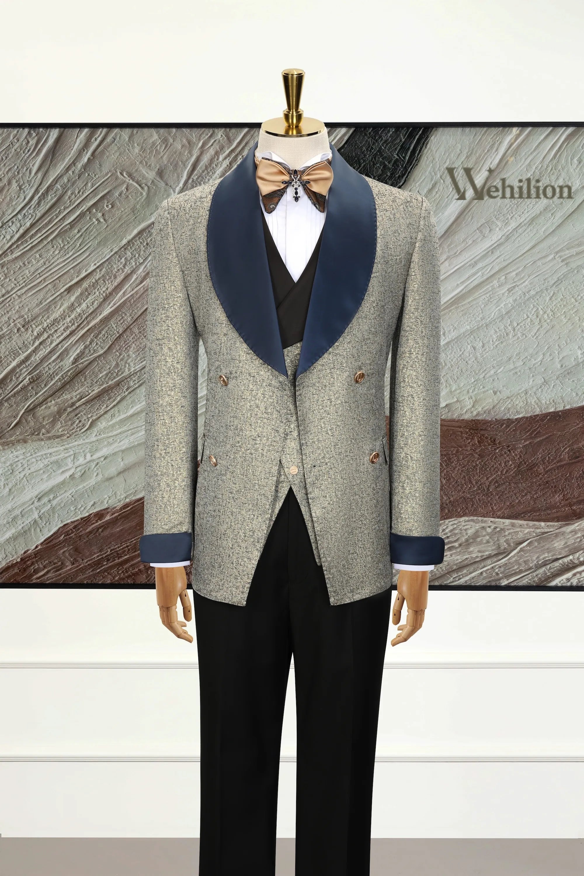 Men's Light Grey Double-Breasted 3 Piece Suits