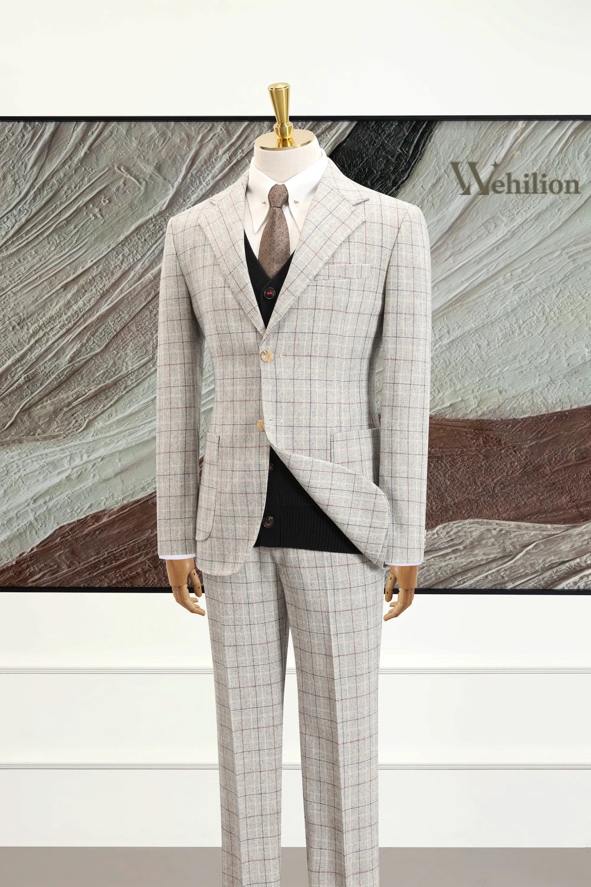 Men's Light Grey Plaid 2 Piece Suits