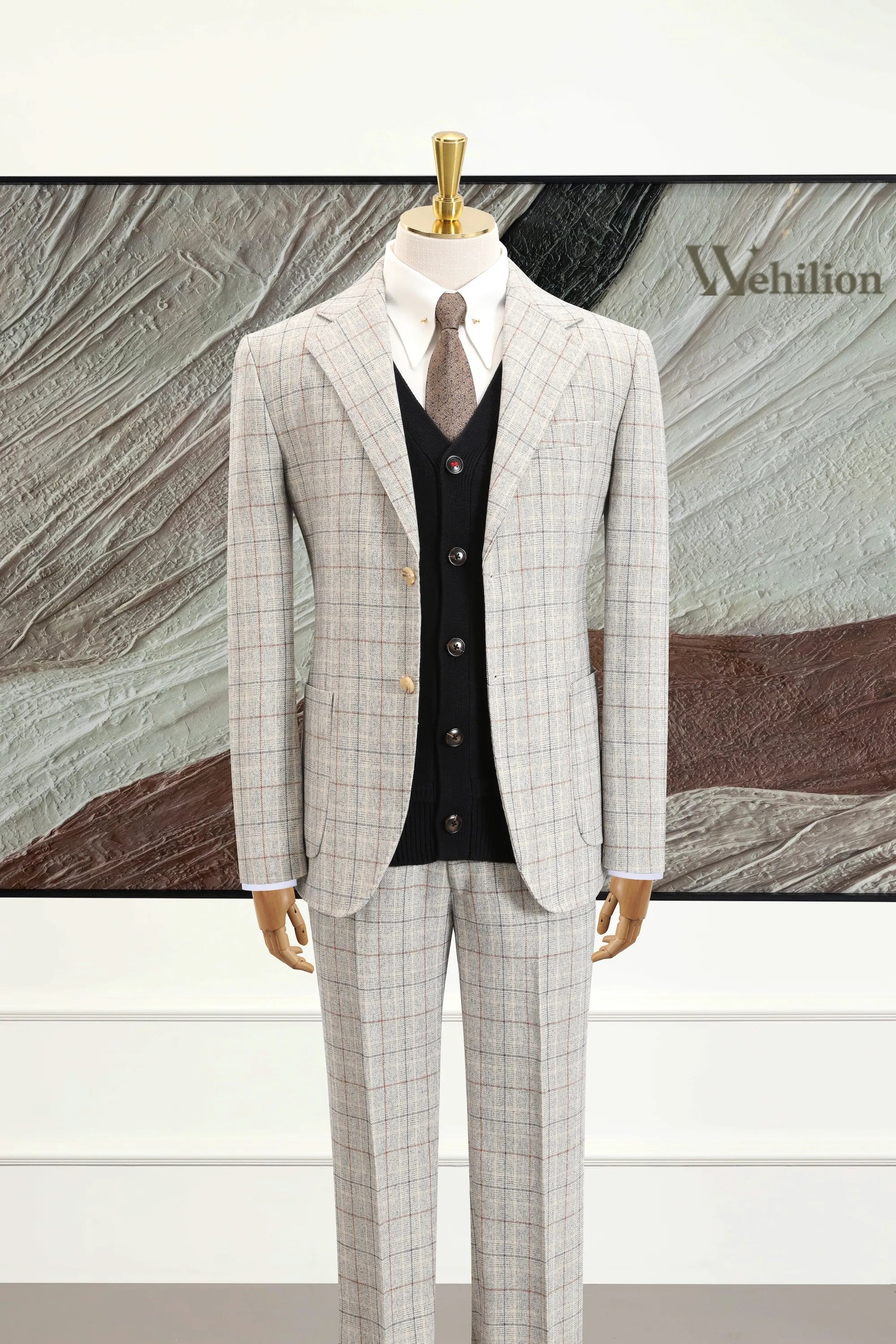 Men's Light Grey Plaid 2 Piece Suits