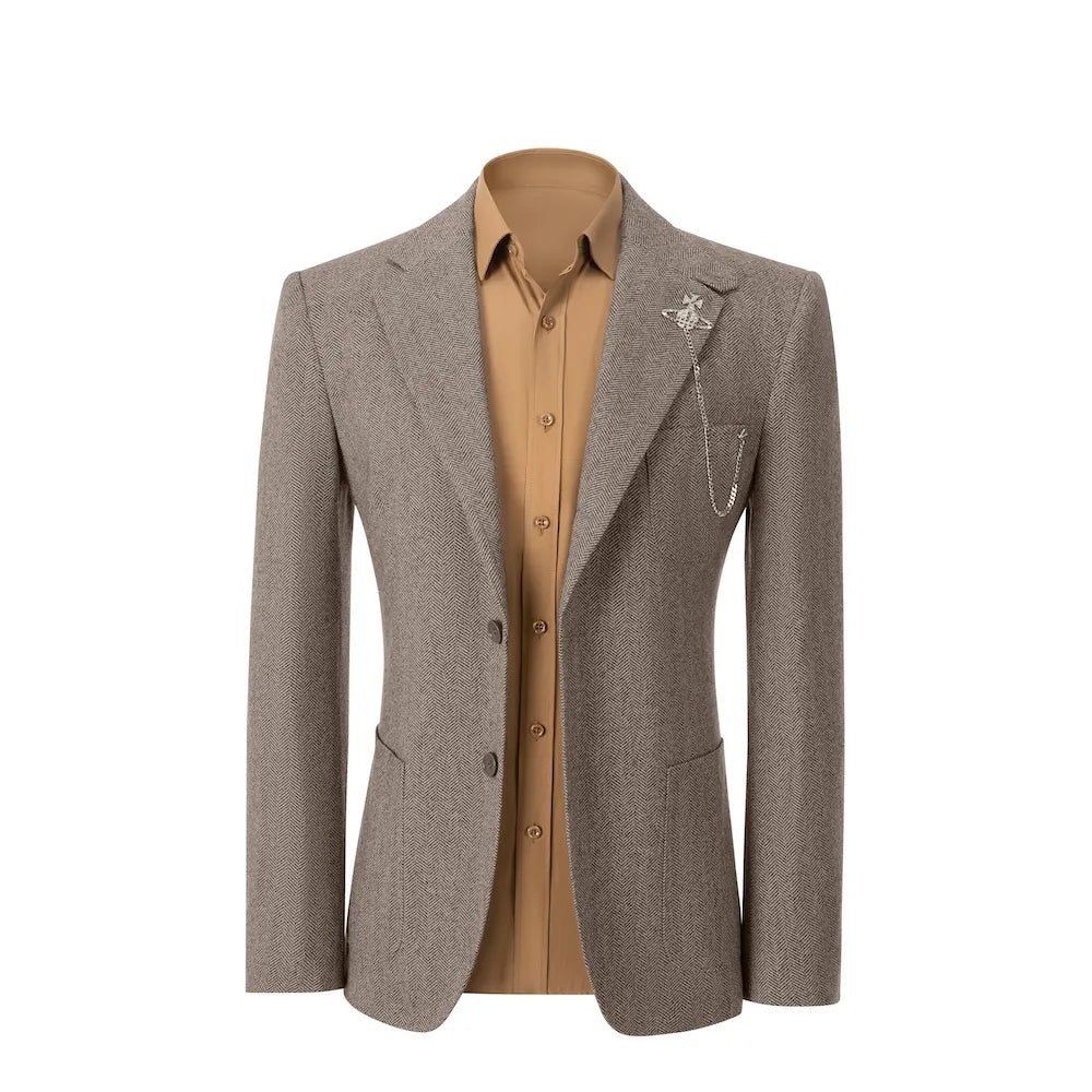 front view of light khaki herringbone wool 2 piece suit blazer – showcasing classic business fit for winter wear with tailored design