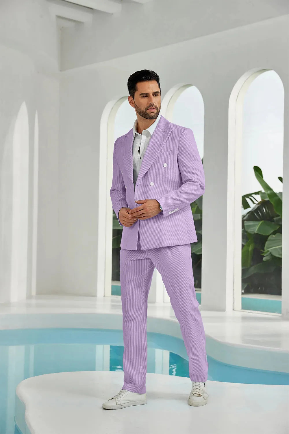 Light purple seersucker double breasted blazer pants 2 piece men's summer suit upgrade version side display