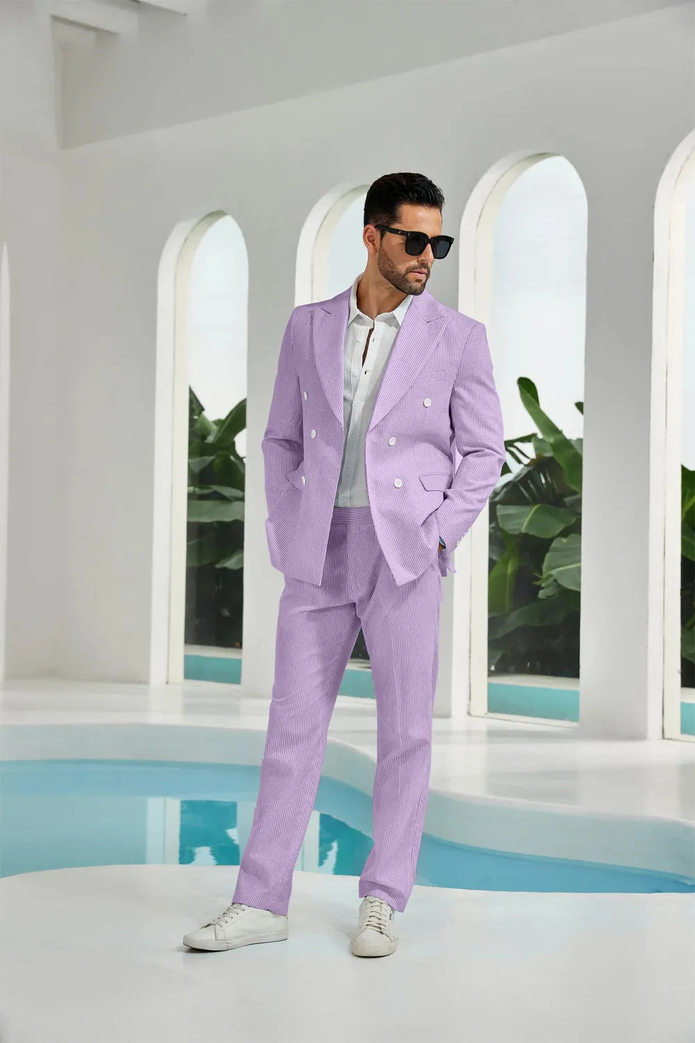 Light purple seersucker double breasted blazer pants 2 piece men's summer suit upgrade version