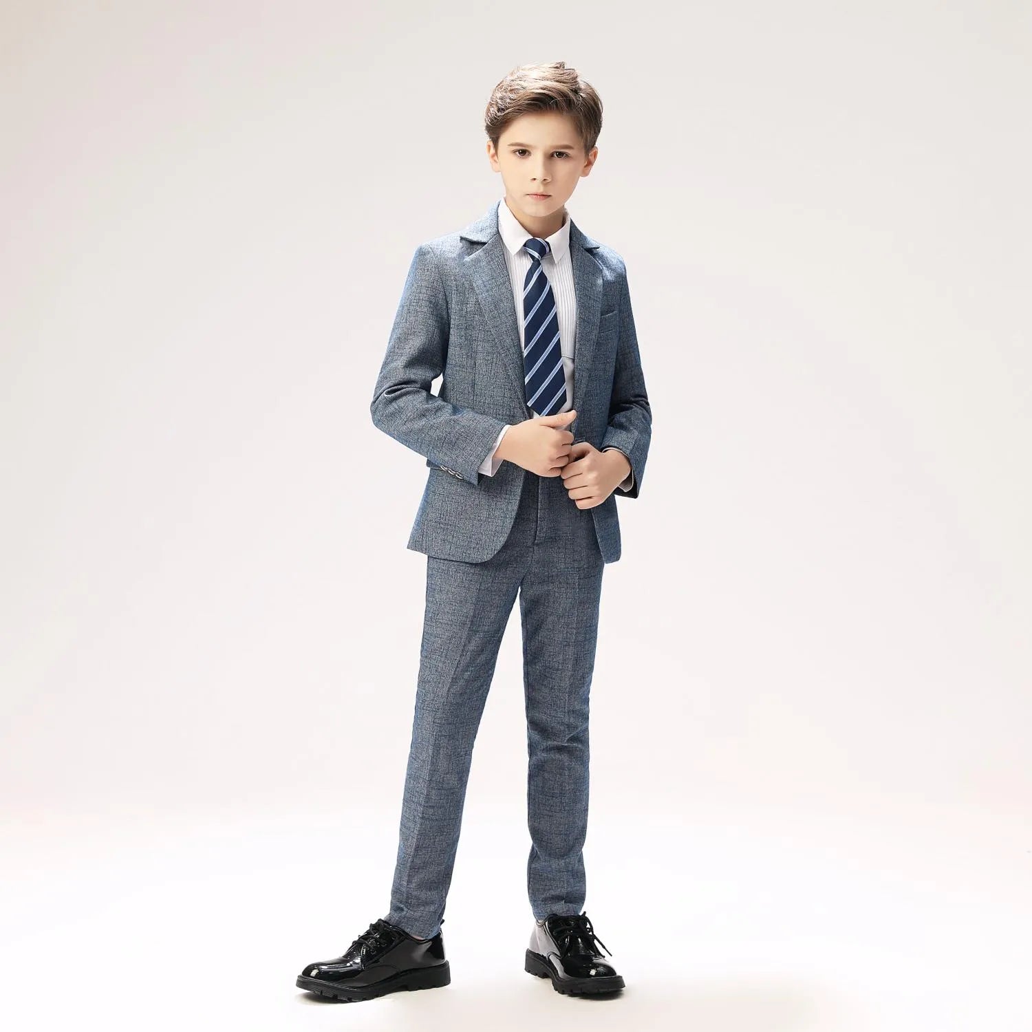 Gray boys' suit with blazer & tie - formal prom outfit, blue striped necktie