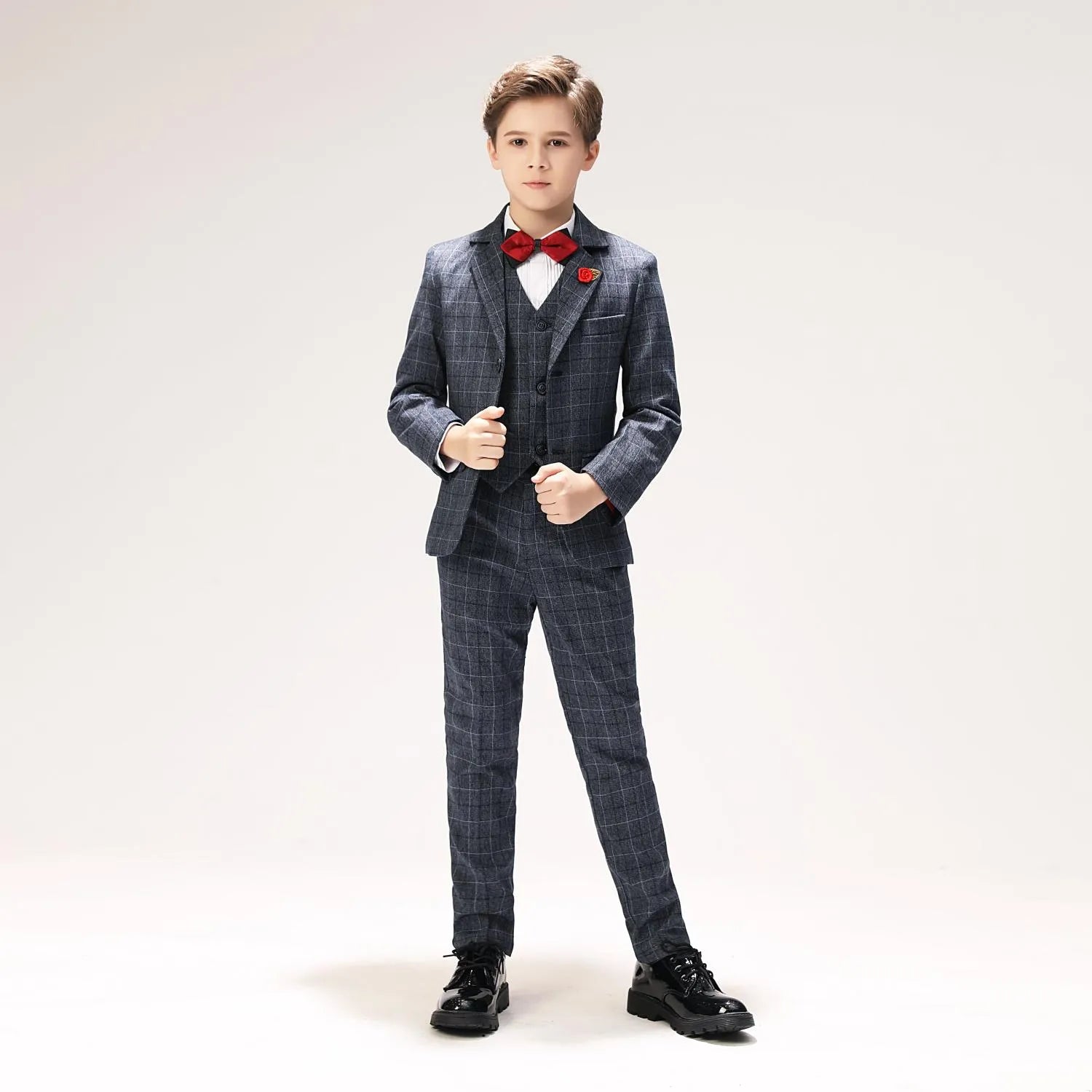 5 piece boys plaid suit set in grey with blazer, vest, and trousers for modern formal events