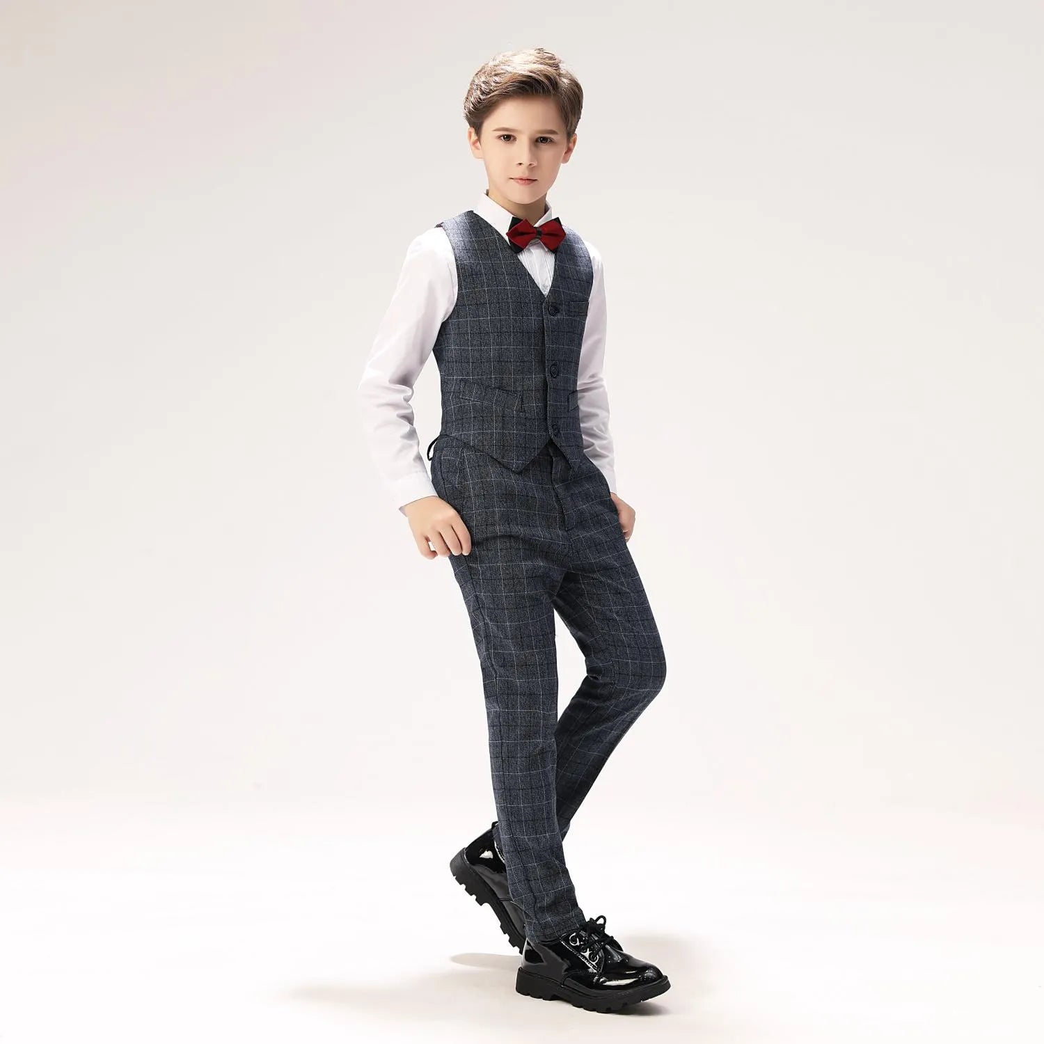 Boys plaid vest and pants with white shirt and bow tie, stylish slim fit outfit for special occasions
