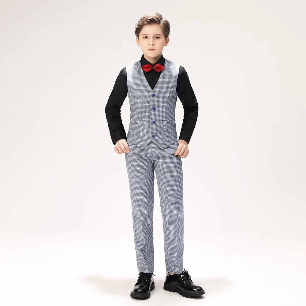 Front view of boys' plaid suit with black shirt, vest, red bow tie, and matching pants