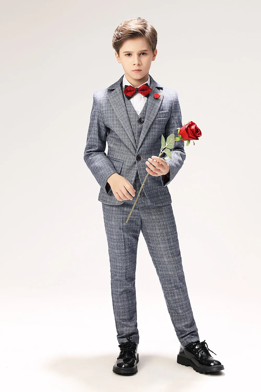 Full 5-piece boys grey plaid suit with red bow tie and rose accessory for wedding or party outfit