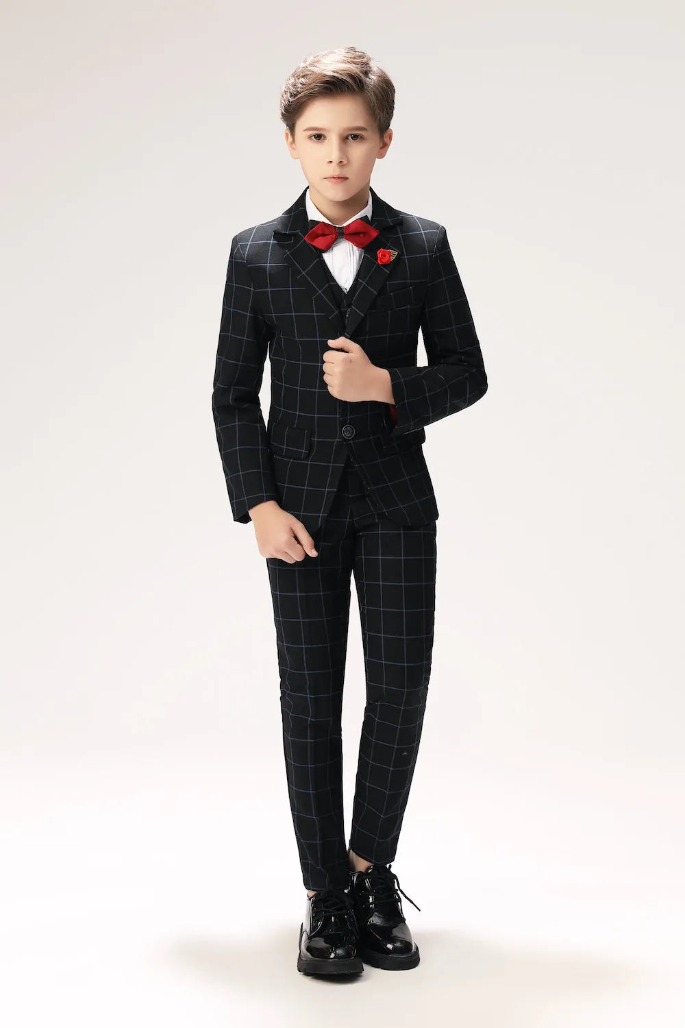 Navy plaid boys 5 piece suit with red bow tie, formal wedding outfit for kids