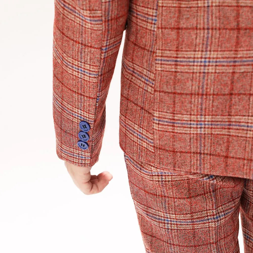 Boys red plaid suit cuff detail: Elegant 5-piece formal set with blue buttons & checked pattern