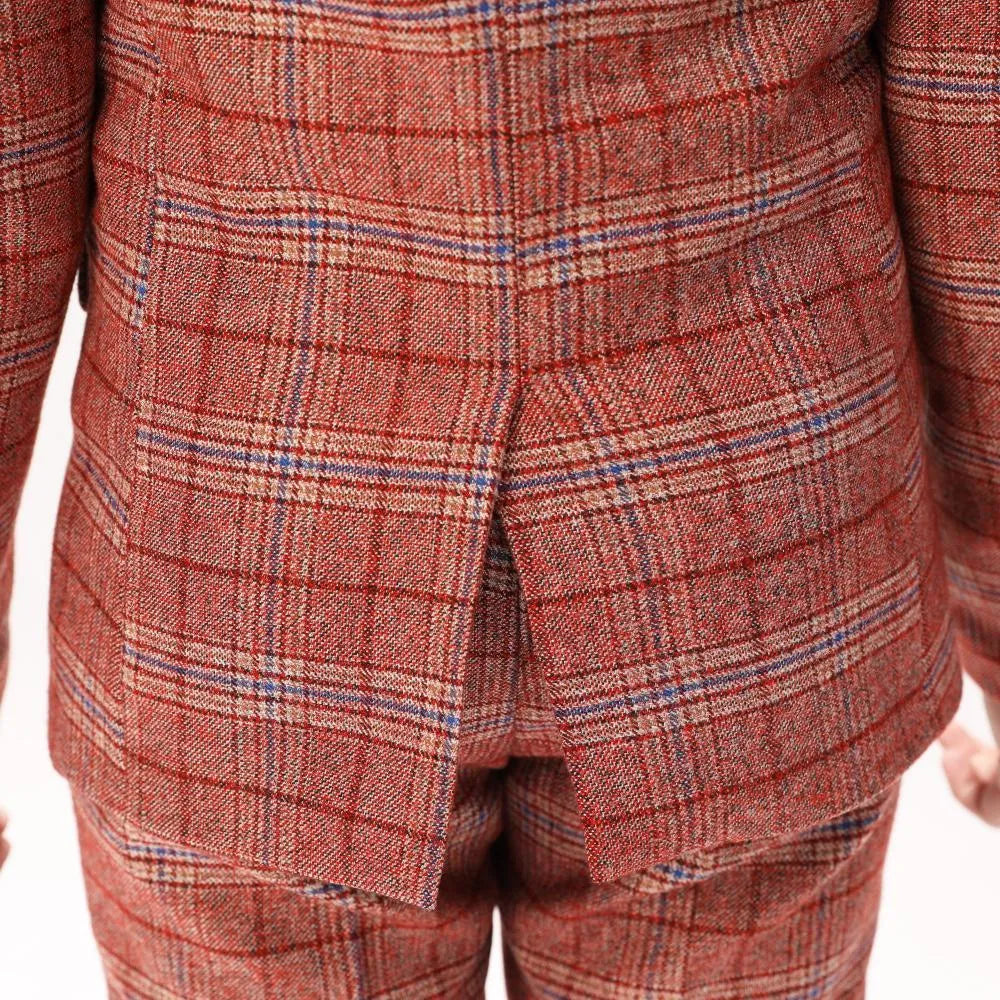 Red plaid boys suit fabric detail: Elegant checked pattern on 5-piece formal outfit