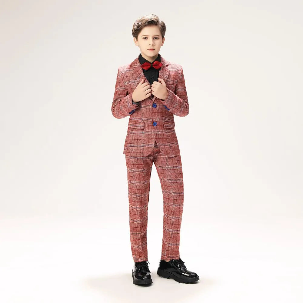 Boys red plaid 5-piece elegant formal suit set with bow tie - classic checked blazer & pants outfit for special occasions