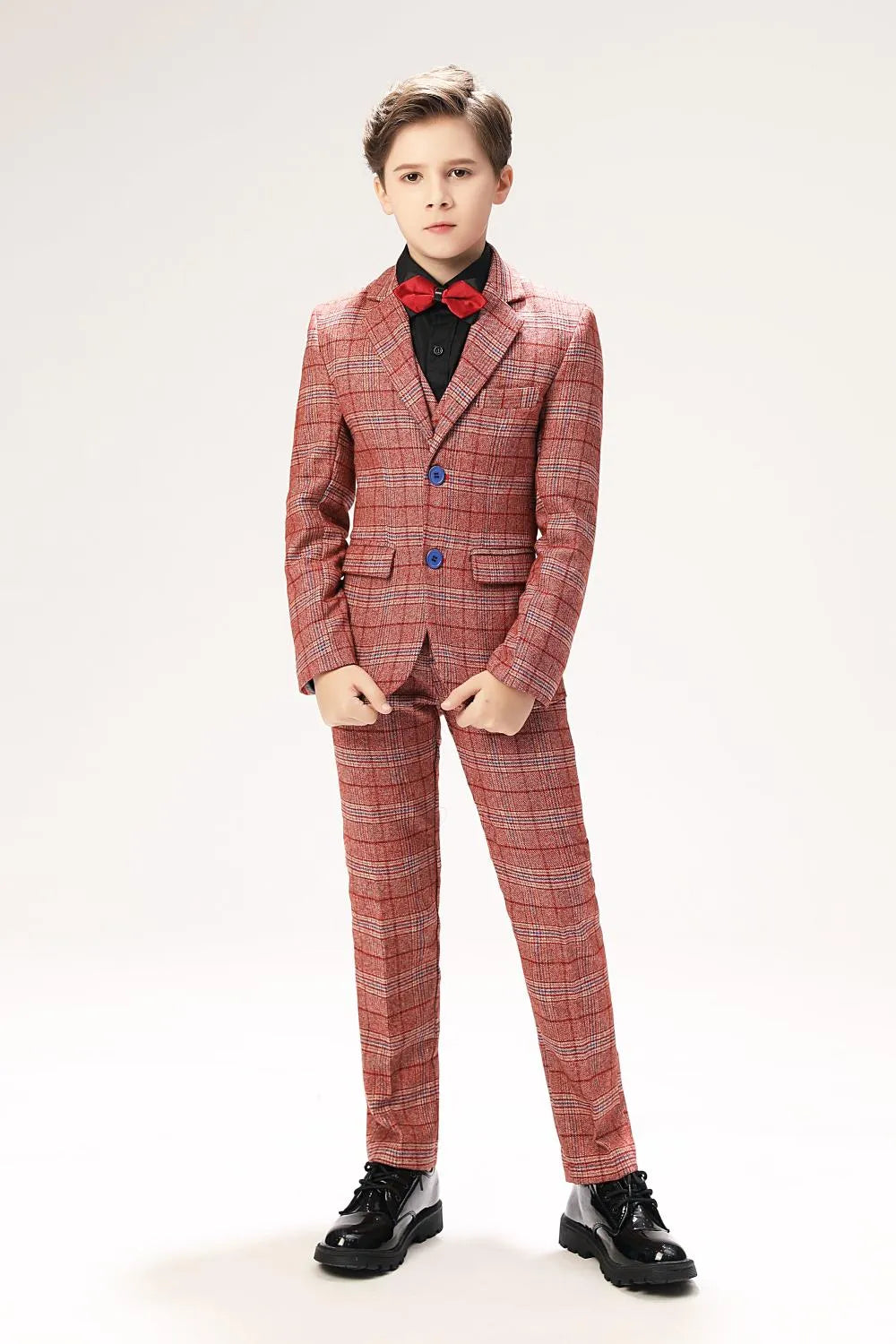 Elegant red plaid 5-piece boys formal suit set with bow tie - stylish checkered blazer and pants outfit for special occasions