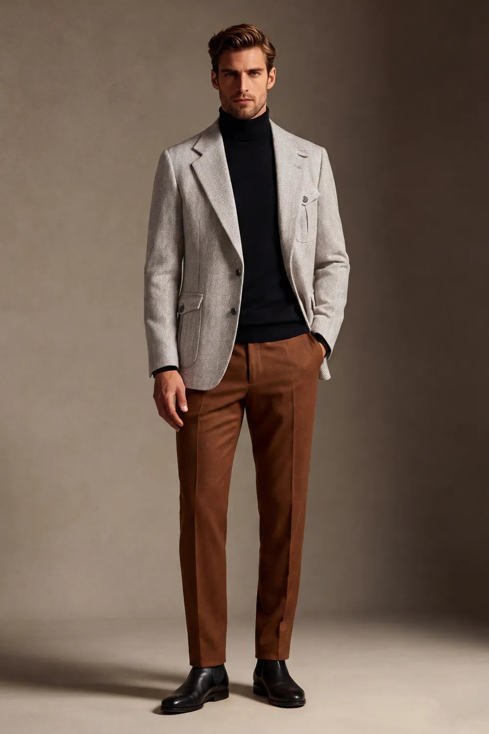 Men's Beige Herringbone Single Breasted 2 Piece Suit