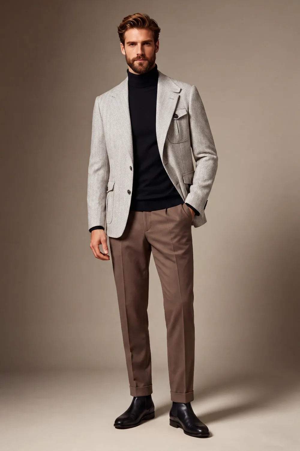 Men's Beige Herringbone Single Breasted 2 Piece Suit