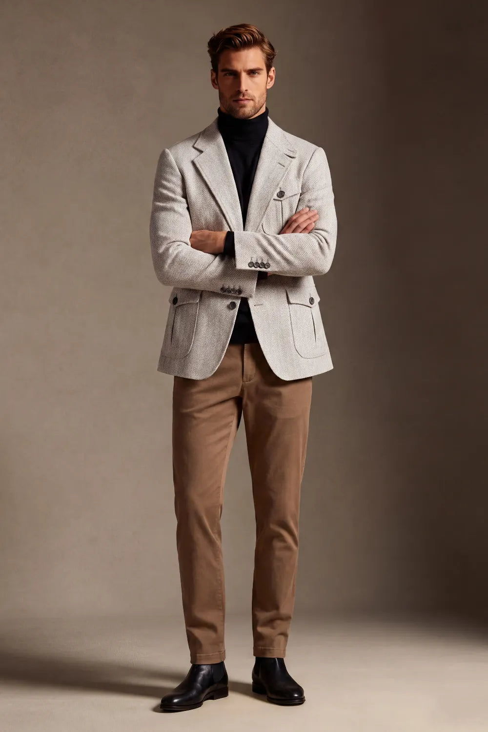 Men's Beige Herringbone Single Breasted 2 Piece Suit