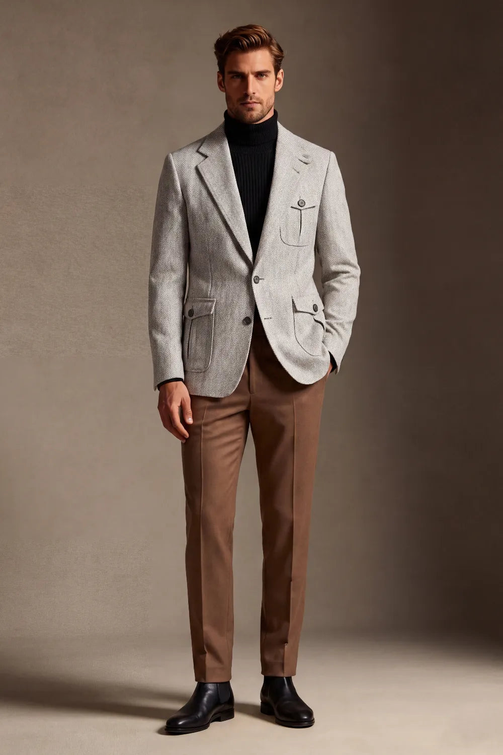 Men's Beige Herringbone Single Breasted 2 Piece Suit