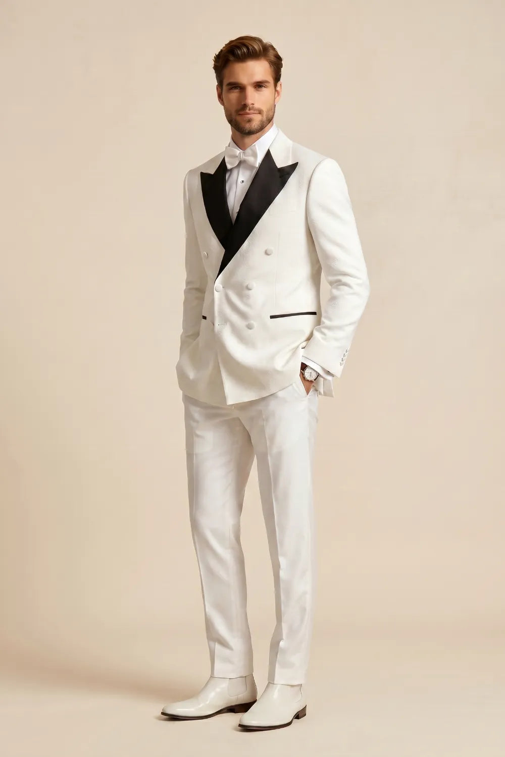 Men's Black And White Double Breasted Peak Lapel Tuxedo