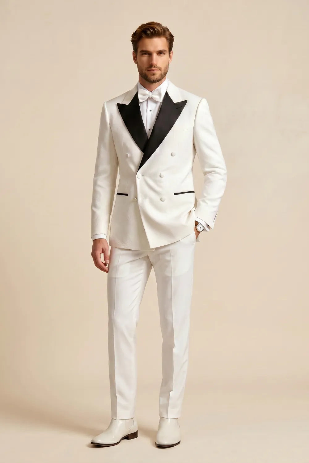 Men's Black And White Double Breasted Peak Lapel Tuxedo