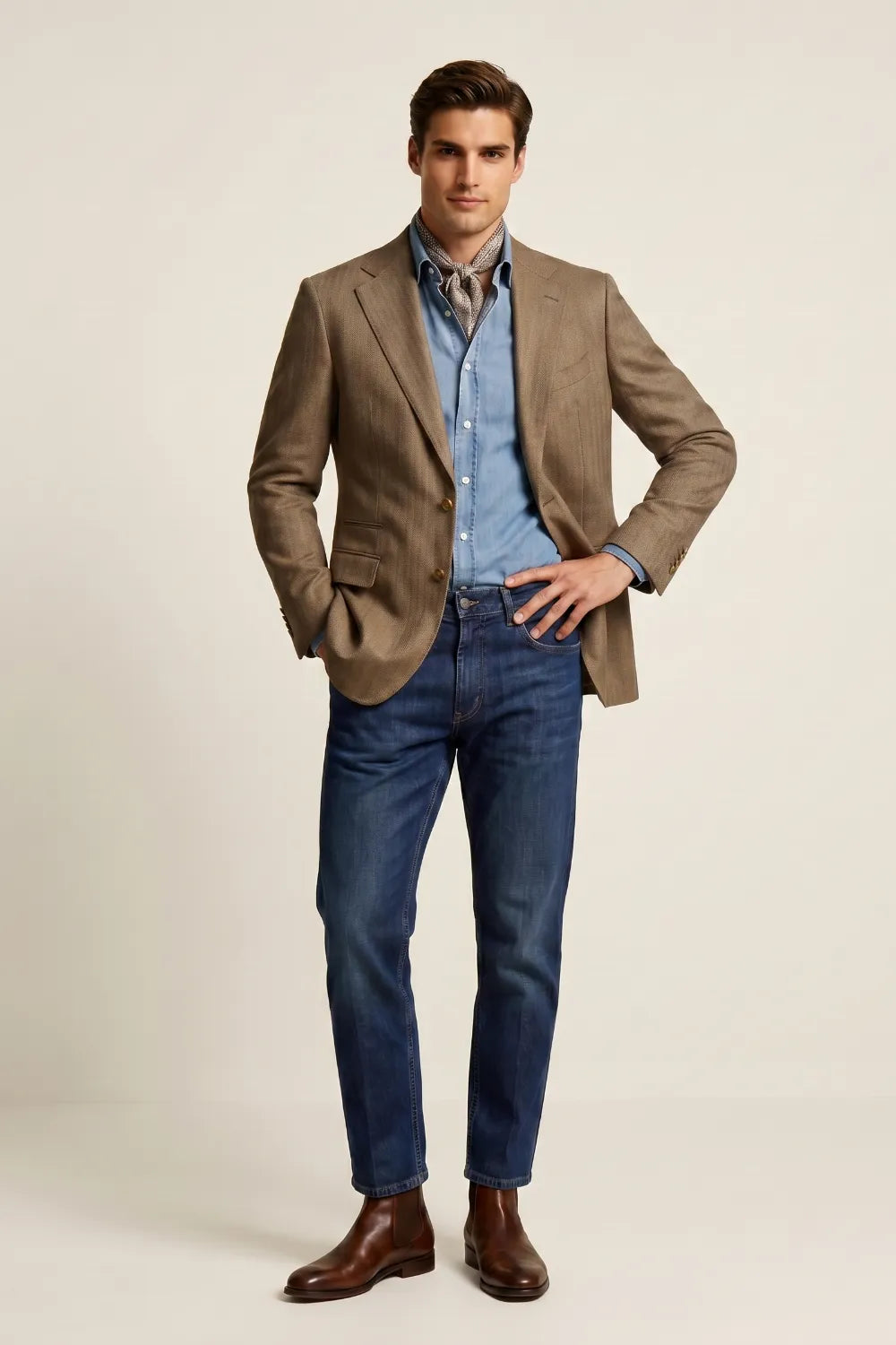 Men's Brown Herringbone Wool Blend Two Button Blazer
