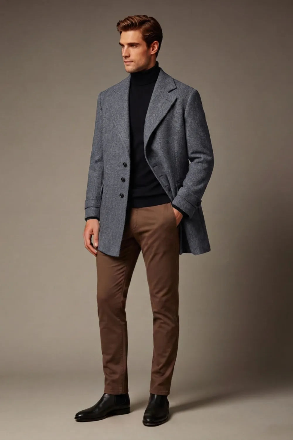 Men's Charcoal Grey Wool Blend Single Breasted Overcoat
