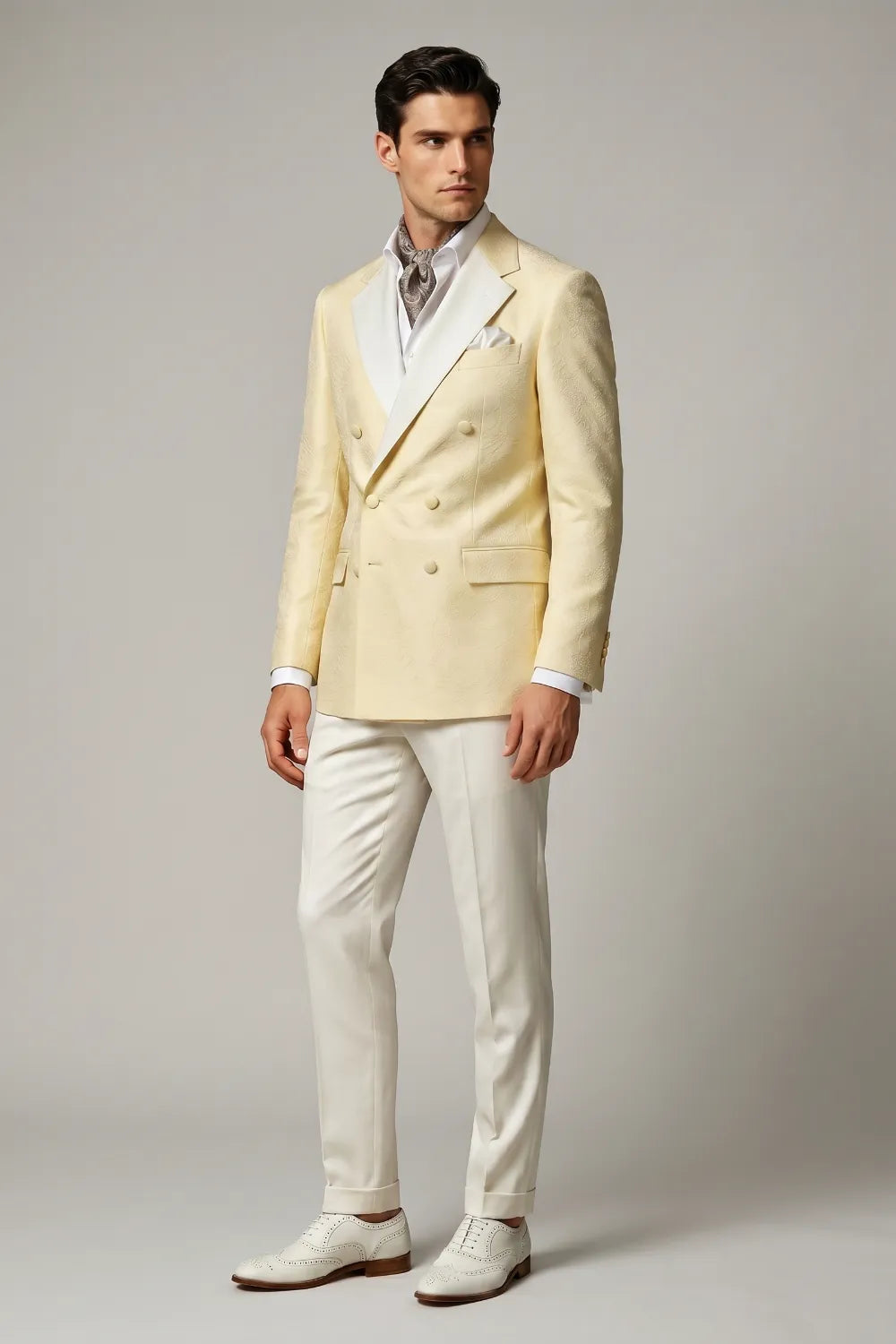 Men's Cream Double Breasted Jacquard 2-Piece Suit