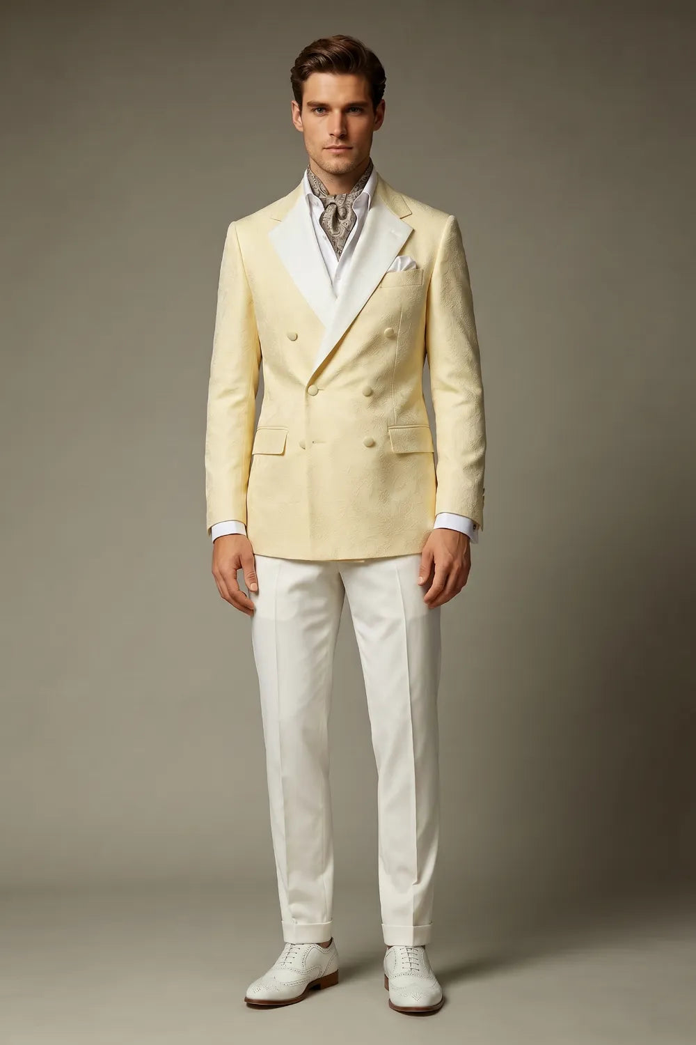 Men's Cream Double Breasted Jacquard 2-Piece Suit