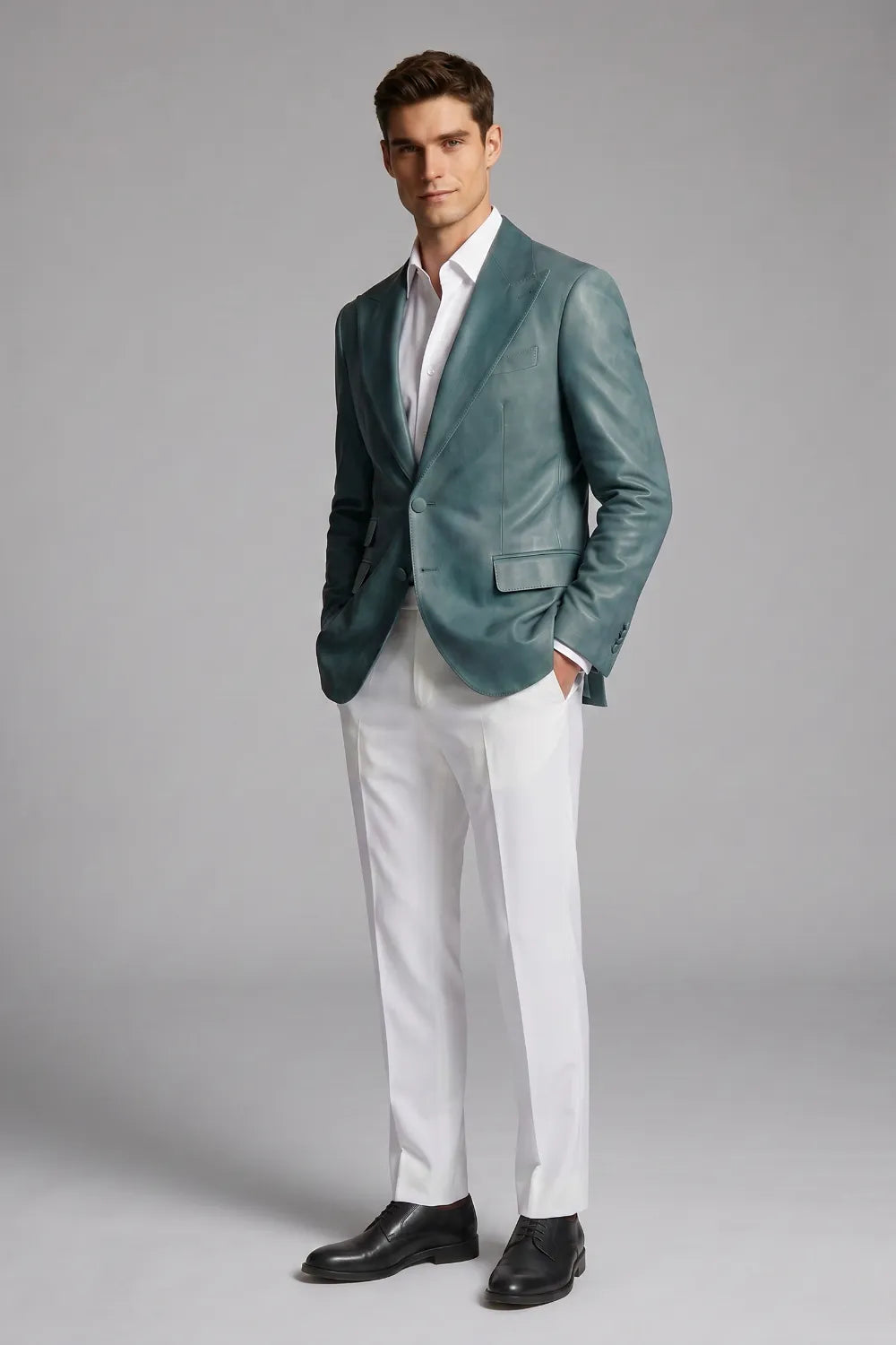 Men's Teal Leather Peak Lapel 2-Piece Suit