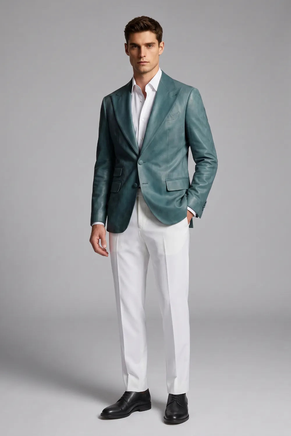 Men's Teal Leather Peak Lapel 2-Piece Suit