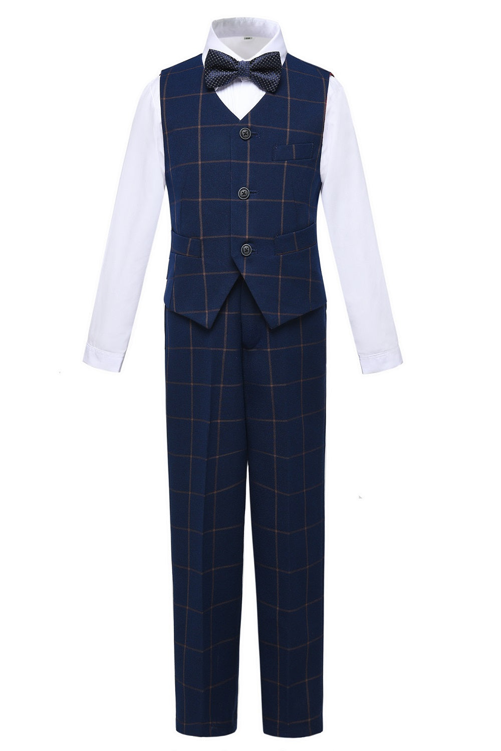 Navy blue check vest and pants set with white shirt and bow tie, ideal boys formal outfit