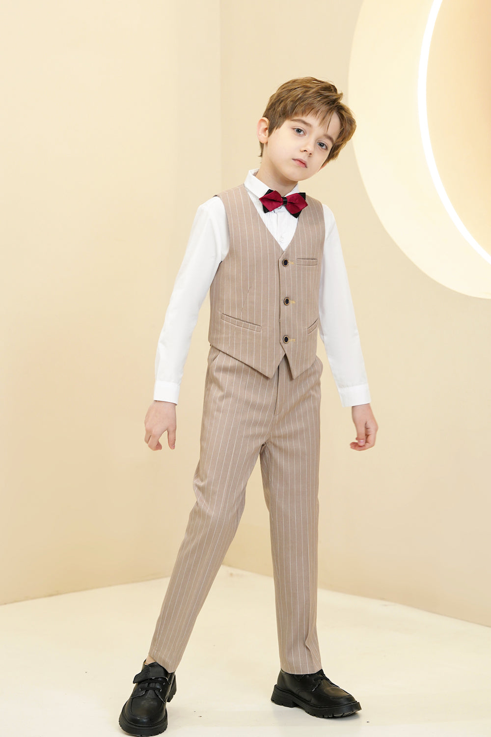 Khaki striped boys formal vest suit with red bow tie – stylish modern 4-piece outfit