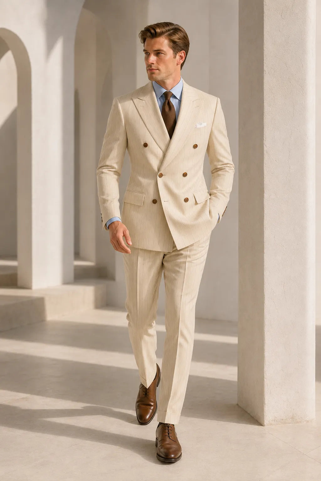 Men's Cream Pinstripe Double Breasted 2 Piece Suit
