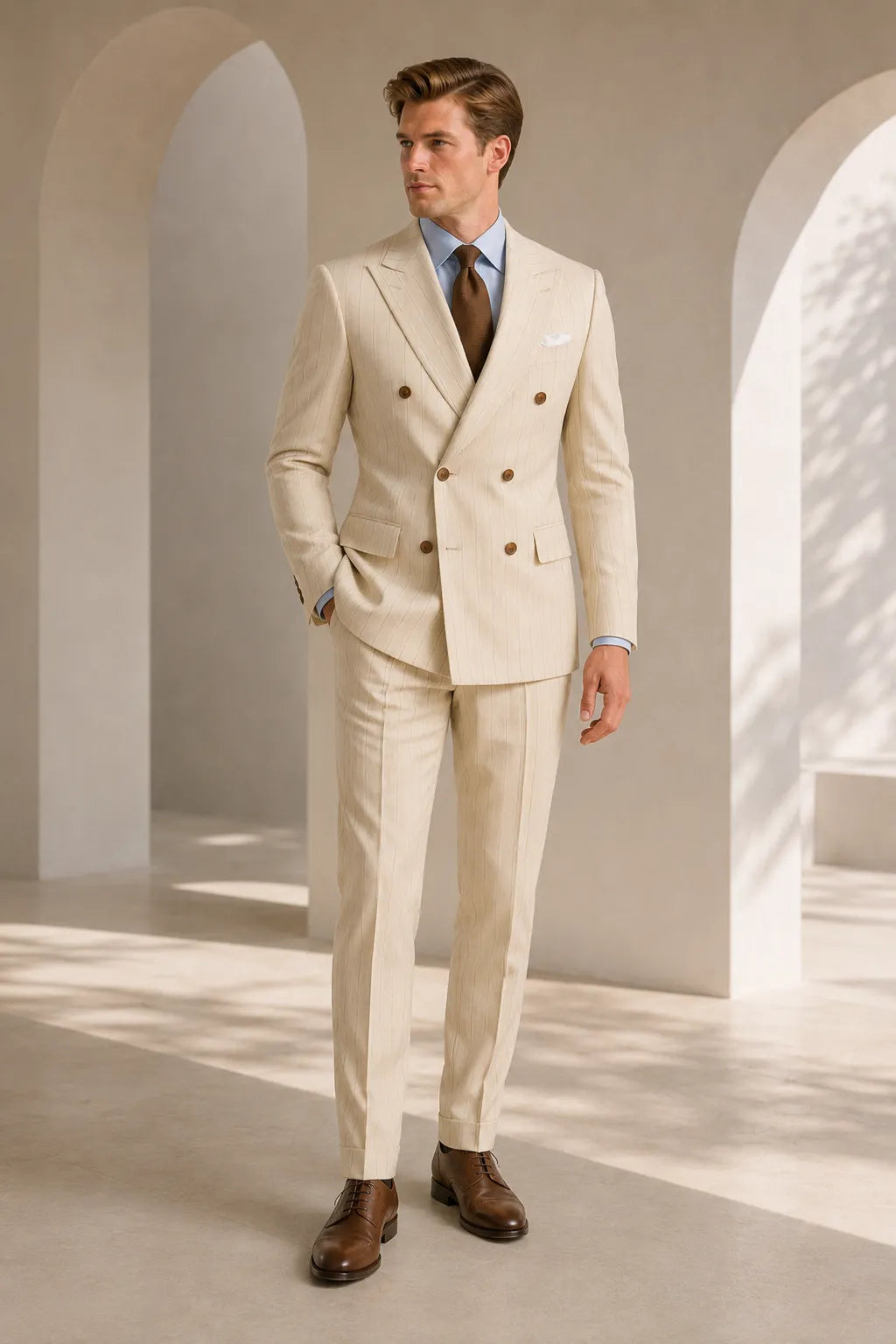 Men's Cream Pinstripe Double Breasted 2 Piece Suit