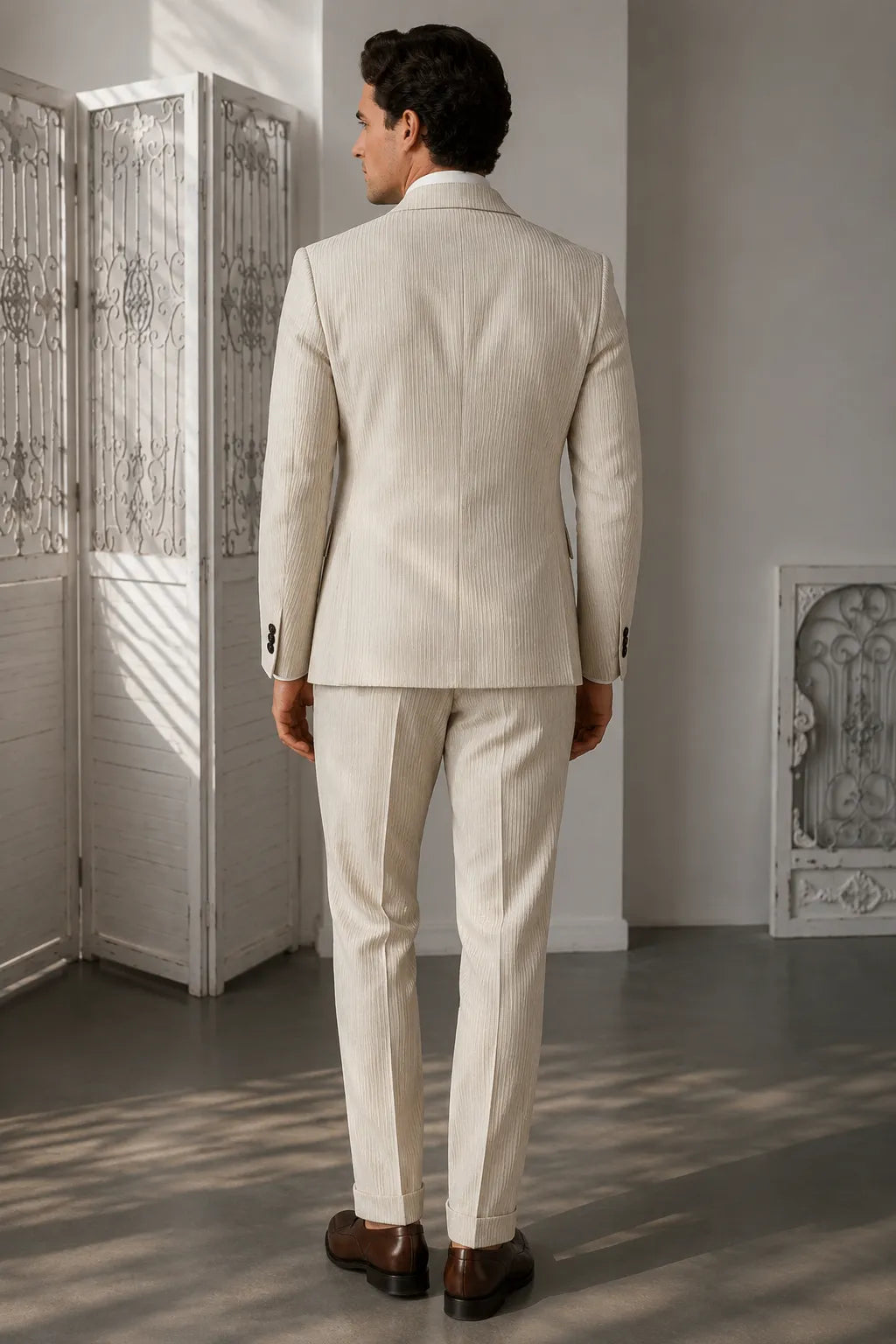 Men's Cream Corduroy Pinstripe Double Breasted 2 Piece Suit